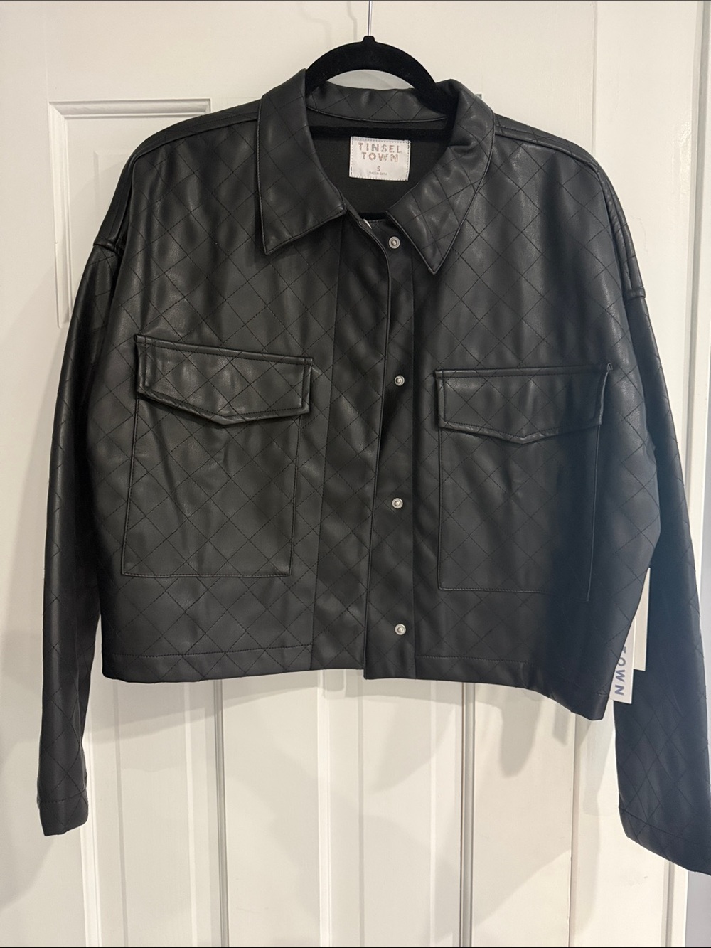 Tinseltown Black Quilted Faux Leather Snap-Front Jacket